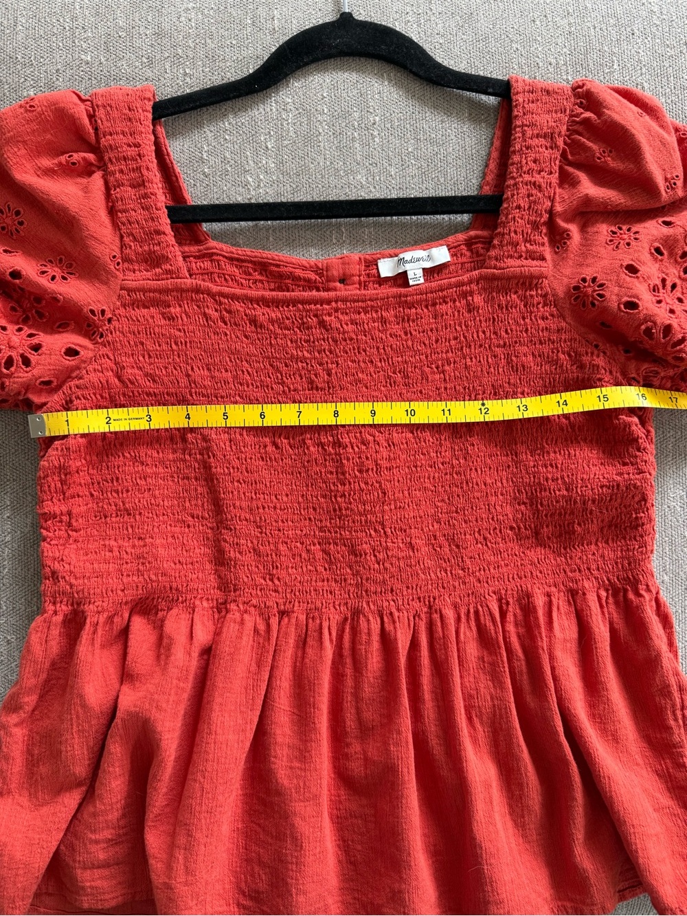Madewell Lucie Smocked Eyelet Top, Chili Fresno, L - Picture 7 of 7